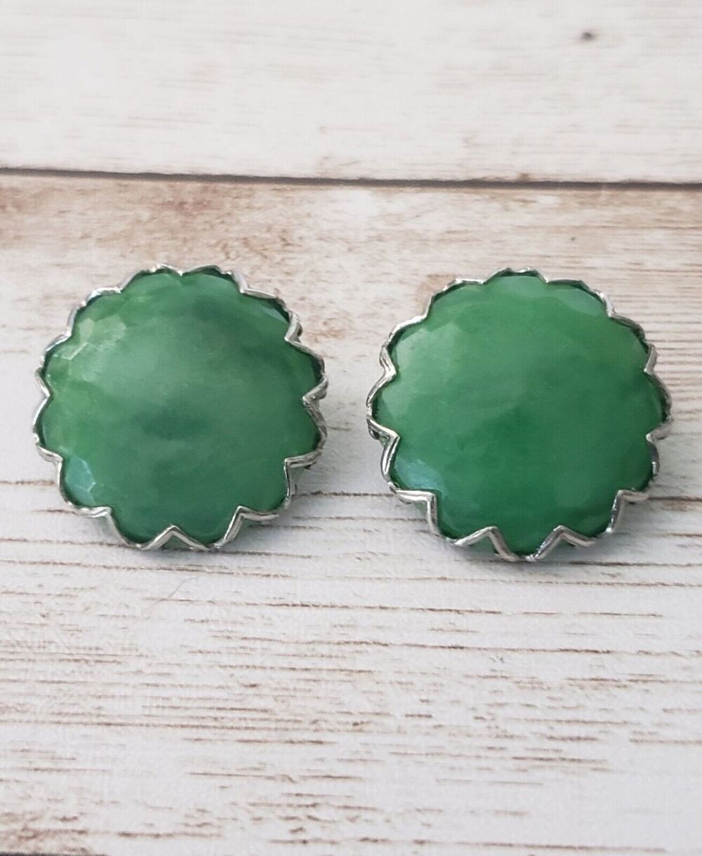 Vintage Clip On Earrings - Green with Zig Zag Halo - 0.75"